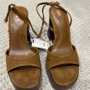 Zara Cognac Suede Platform Sandals with Ankle Strap